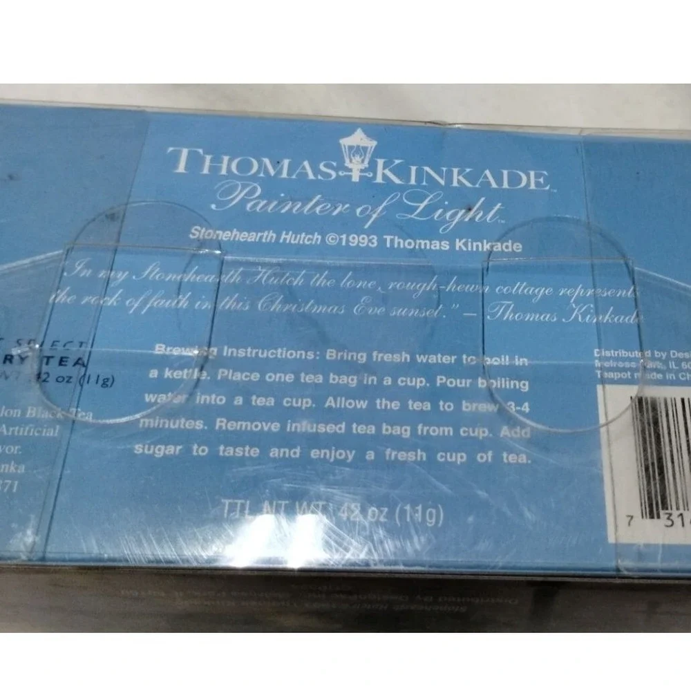 Thomas Kinkade Stone hearth Hutch Teapot Blueberry‎ Tea Gift Set 2006